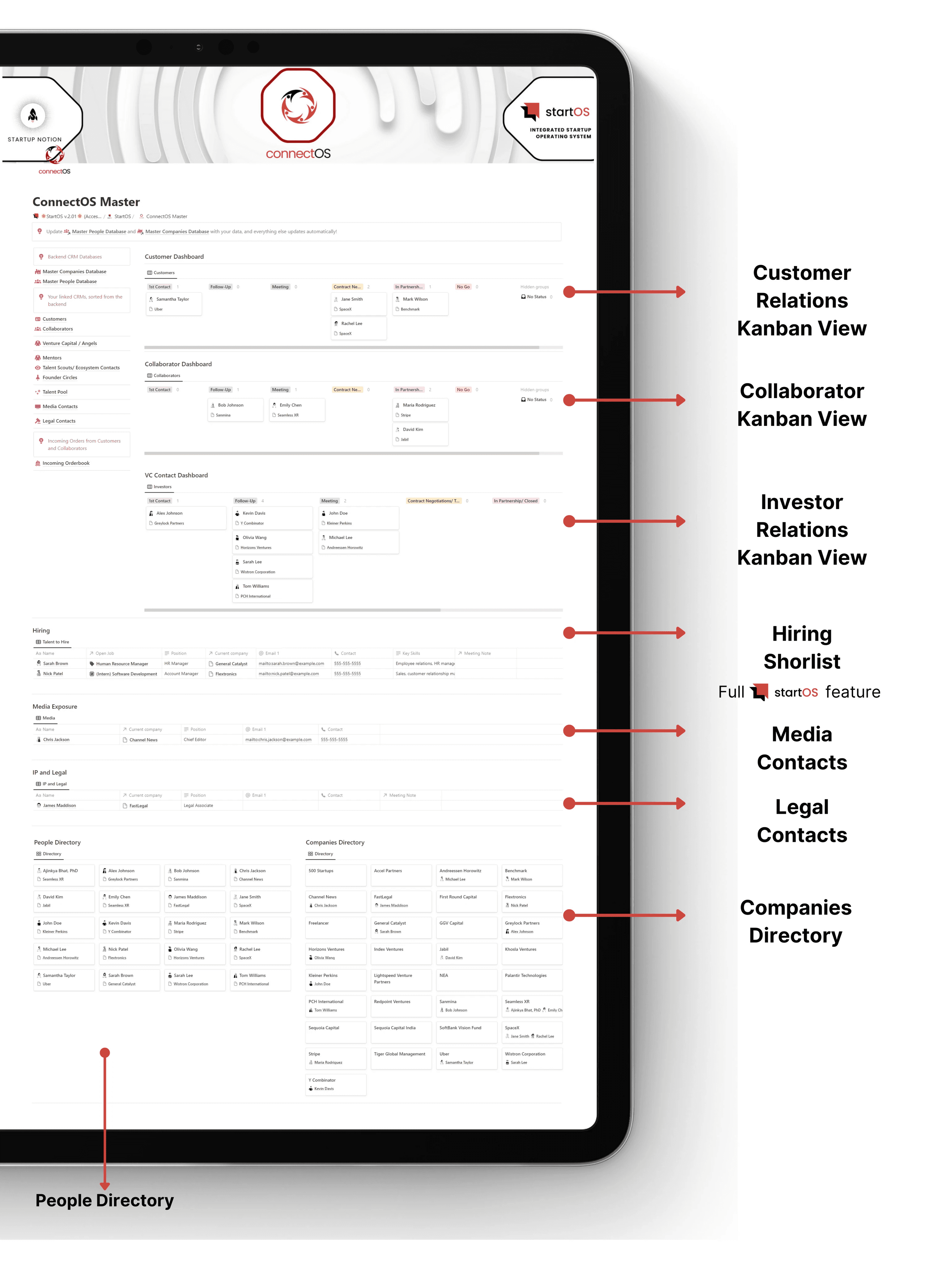 ConnectOS- Notion CRM with people and company databases and filter for customers, collaborators, investors, potential hires, mentors and more. Integrates into other Operavexa modules like FinanceOS, TeamOS and SalesOS.