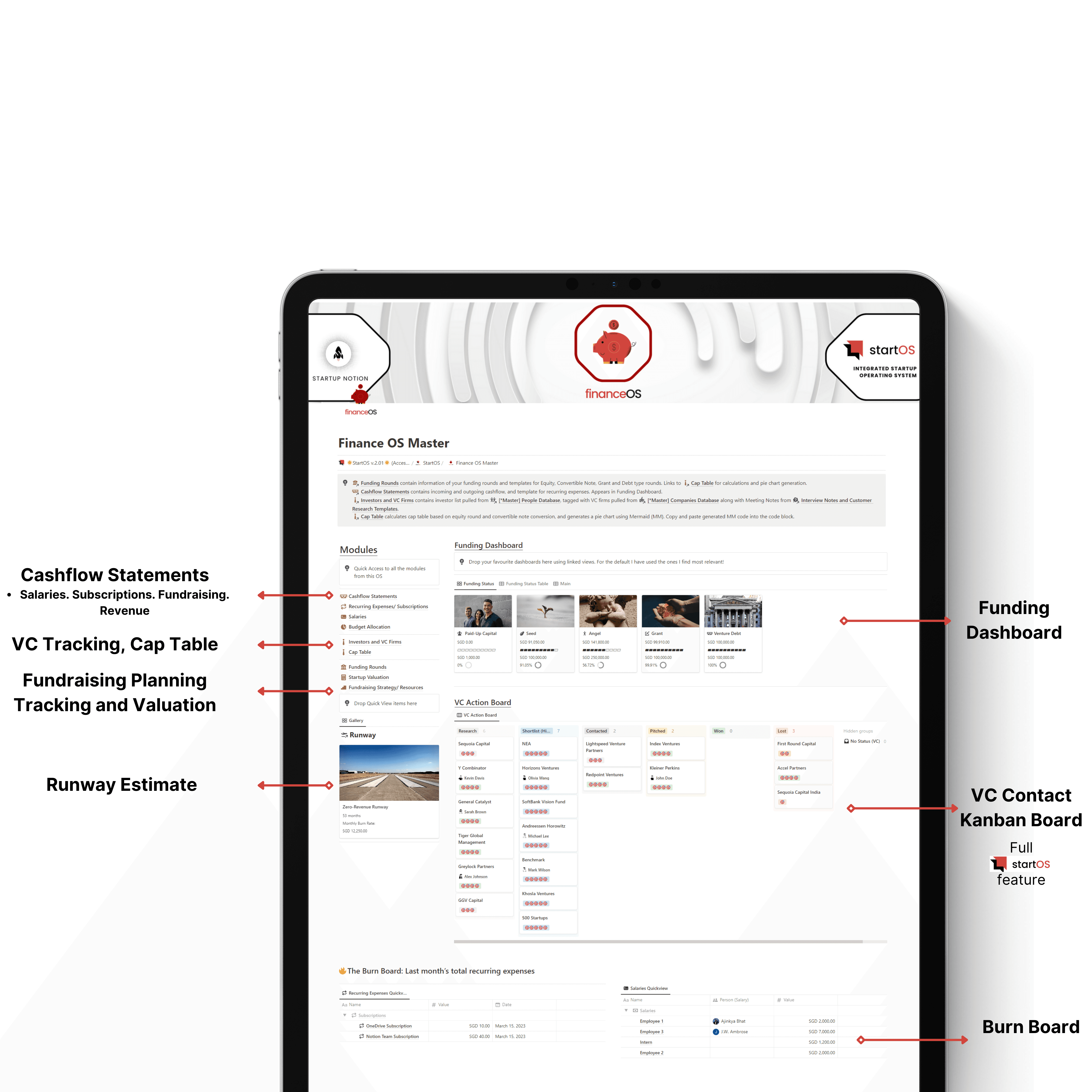FinanceOS Notion Template with funding dashboard, cashflow statements, VC tracking, Cap table database, fundraising template, runway and valuation estimate and VC contract tracking. Integrates into Operavexa's CRM ConnectOS.