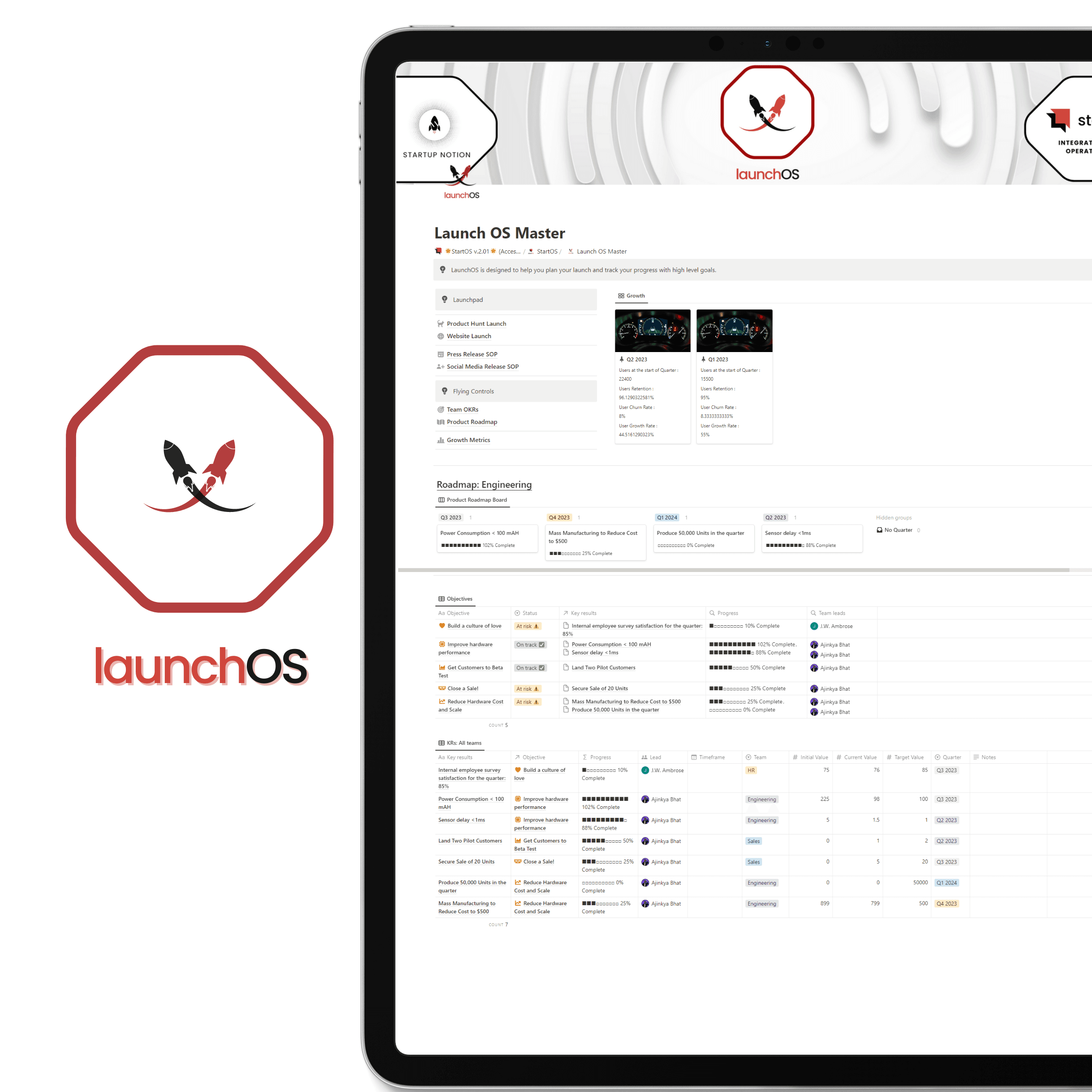 LaunchOS- Notion product launch system with OKRs, product roadmaps, growth metrics tracking, team objective tracking and team key result tracking.