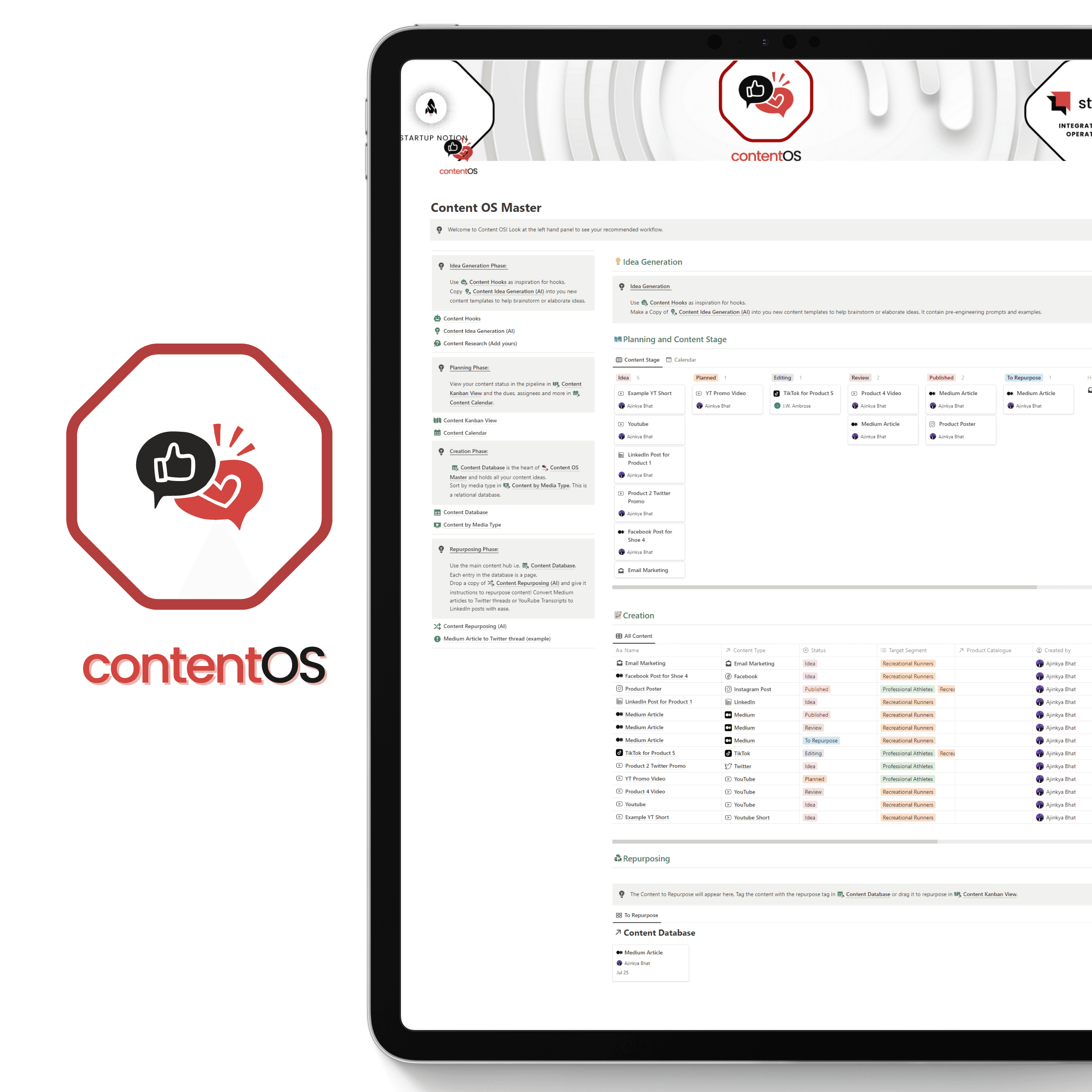 ContentOS Notion Template containing inbuilt AI hooks, content calendar, AI based content generation prompts, team management for content and pre-built templates for video and text type content. Pre-built Notion AI prompts to repurpose existing content.