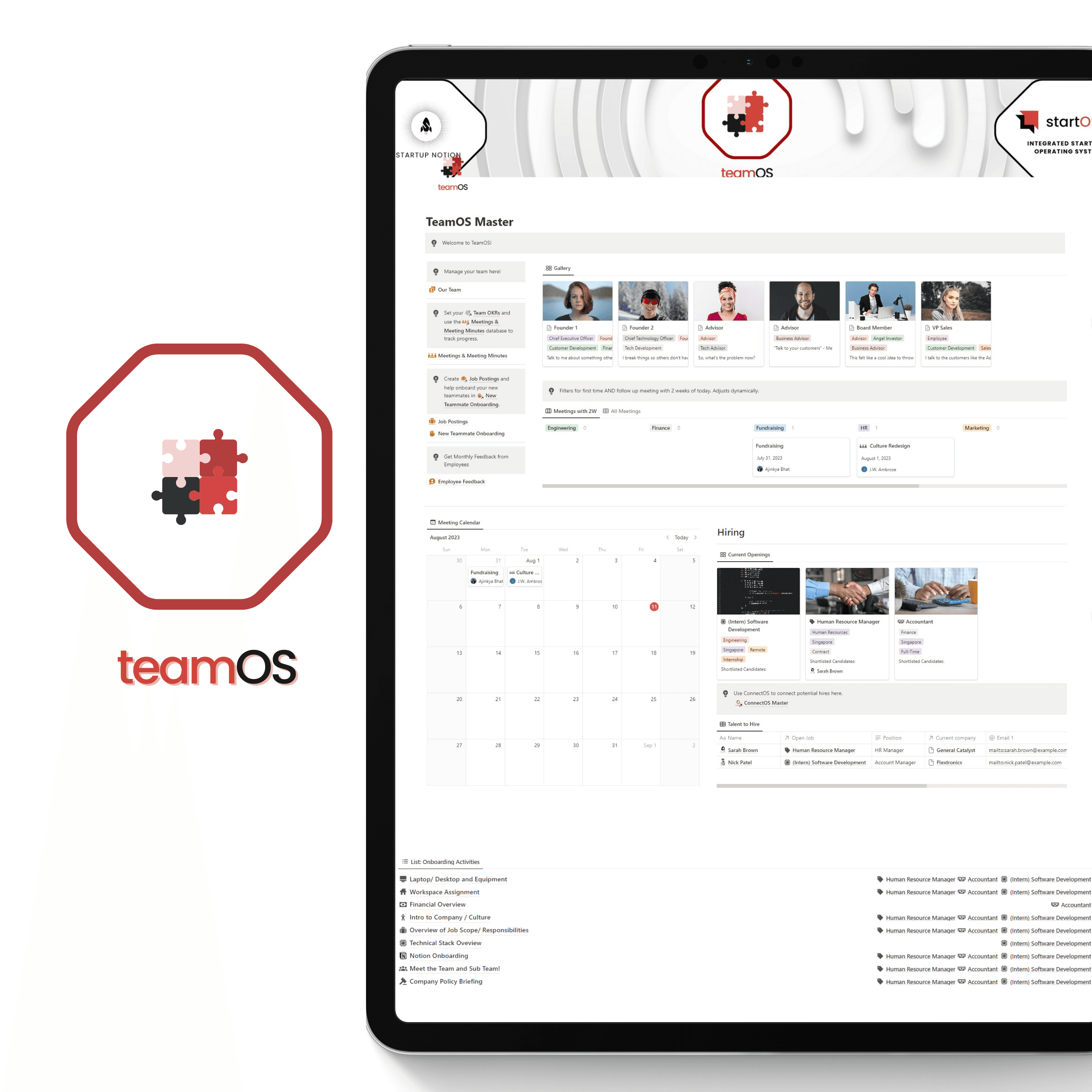 TeamOS- Notion Team management template with team database, meeting database and calendar, jobs database, onboarding checklist and employee feedback form.
