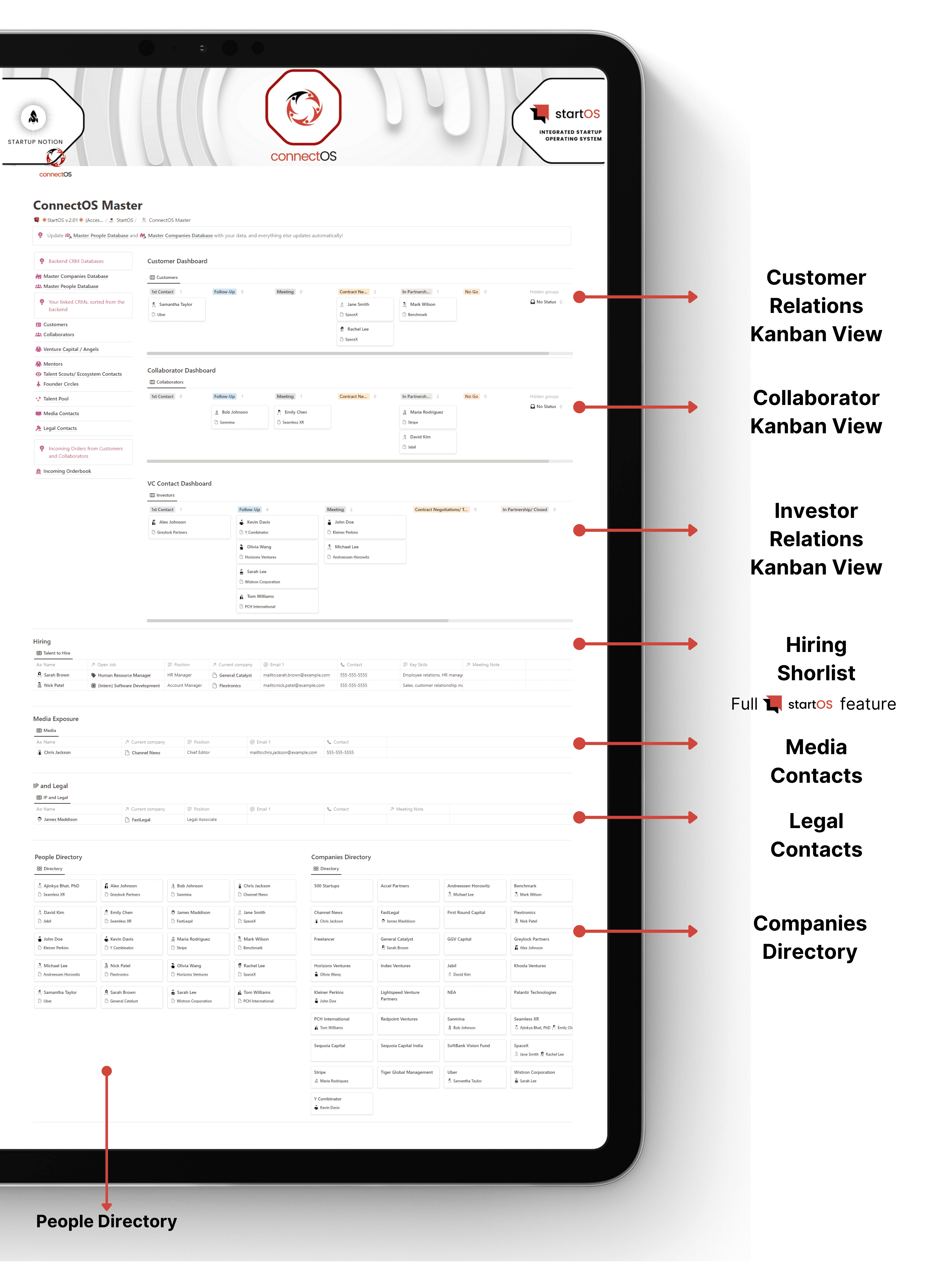 ConnectOS- Notion CRM with people and company databases and filter for customers, collaborators, investors, potential hires, mentors and more. Integrates into other Operavexa modules like FinanceOS, TeamOS and SalesOS.