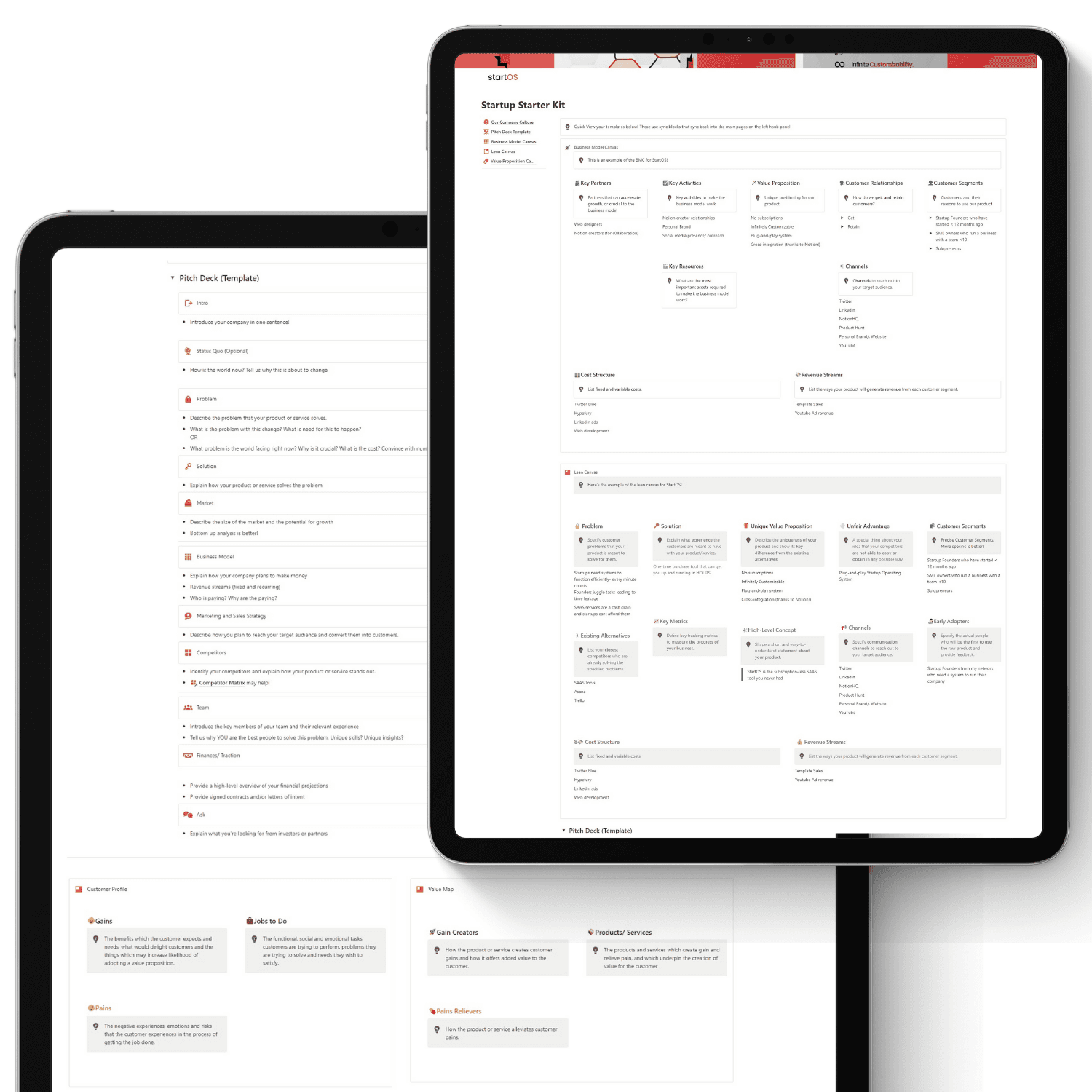 Operavexa starter bundle on a tablet. Contains business model canvas, lean canvas, pitch deck notion template and value proposition canvas.